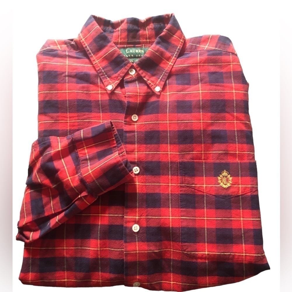 Lauren Ralph Lauren LRL Plaid LS Button Down Shirt Red Black Chest Crest Country